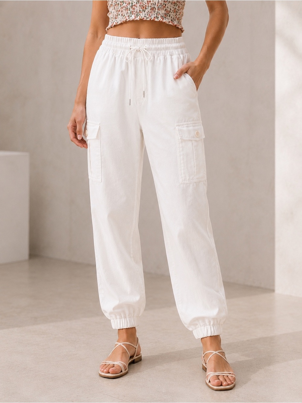 NWT For The Republic White Tencel Cargo Jogger Pants Size XS